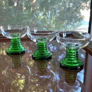 Set of 3 Luminarc Chalice Style Liqueur Glasses with Green Beehive Stem